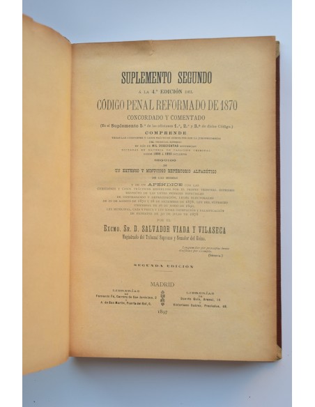 Suplemento segundo a la 4ª ed. del Código Penal Reformado de 1870