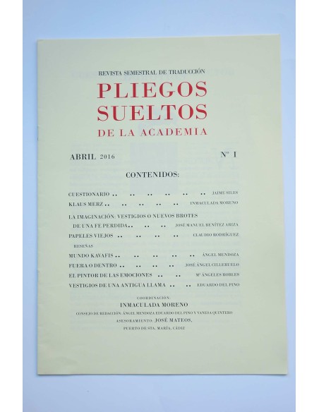 Pliegos Sueltos de la Academia. Revista semestral de traducción. nº 1, abril 2016