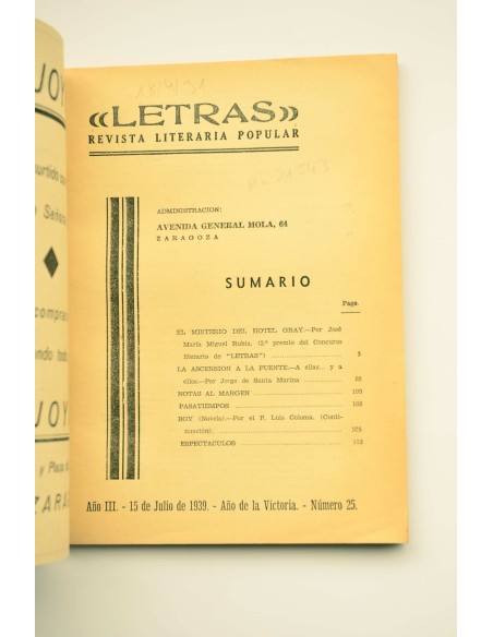 Letras : revista literaria popular.-- Año III, Nº 25 (julio, 1939)