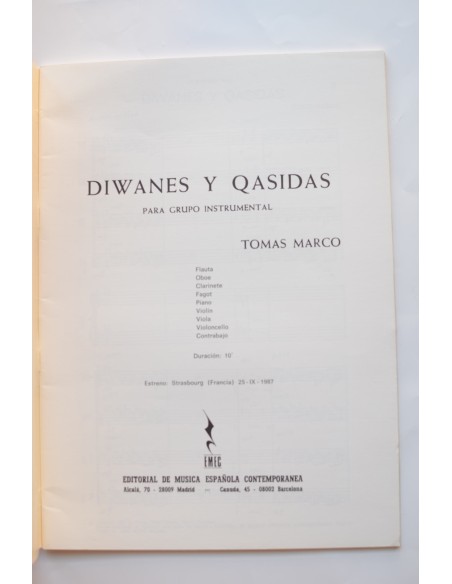 Diwanes y Qasidas. Para grupo instrumental