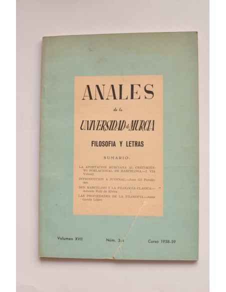 Anales de la Universidad de Murcia. Filosofía y Letras. Vo. XVII, nº 3-4. Curso 1958-59
