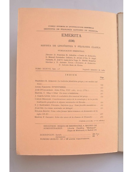 Emerita. Revista de lingüística y filología clásica. Tomo XXXVII, fasc. 2º (Segundo semestre)