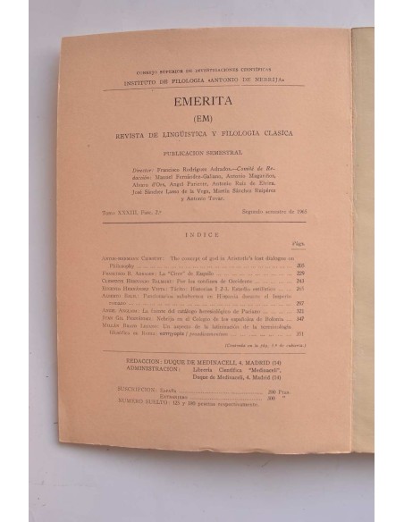 Emerita. Revista de lingüística y filología clásica. Tomo XXXIII, fasc. 2º (Segundo semestre)