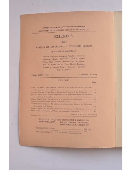 Emerita. Revista de lingüística y filología clásica. Tomo XXXV, fasc. 1º (Primer semestre)