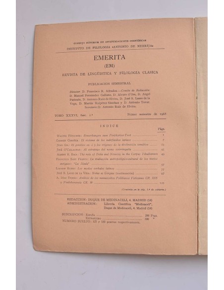 Emerita. Revista de lingüística y filología clásica. Tomo XXXVI, fasc. 1º (Primer semestre)