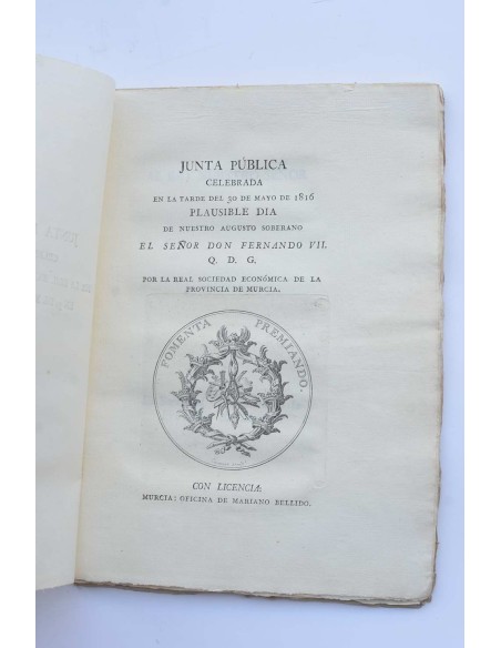 Junta pública celebrada por la Real Sociedad de Murcia en 30 de mayo de 1816