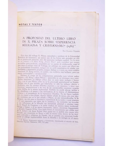 A propósito del último libro de X. Pikaza sobre Experiencia religiosa y crisis del Cristianismo (1981)