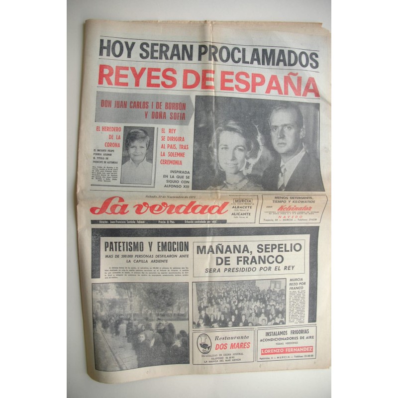 La Verdad (22 noviembre, 1975). Hoy serán proclamados Reyes de España